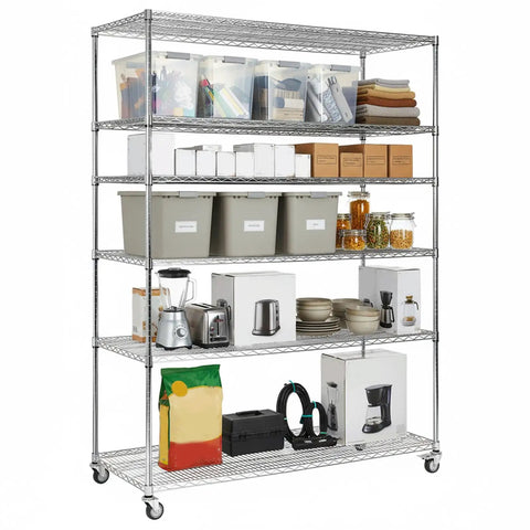 Rugged Five Tier Heavy Duty Wire Storage Rack On Wheels With Shelves Rust Resistant Steel Waterproof Liners NSF Certified Stable loaded with items.