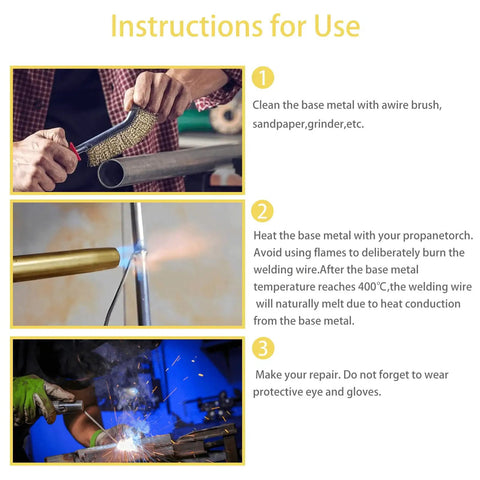 Instructions for using 55 Pcs Aluminum Brazing Rods And Welding Rods Low Temperature Easy Melt No Flux Required Salt Coated Aluminum Alloy Core Universal Welding Rod 0.08 In By 13 In Great No Hassle For Auto And Home Aluminum Repairs with images of cleaning, heating, and welding steps.
