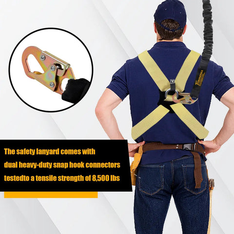 Retractable Safety Harness Lanyard For Fall Protection And Climbing, 6 Ft Tree Strap, shown worn on person’s back with dual snap hooks.