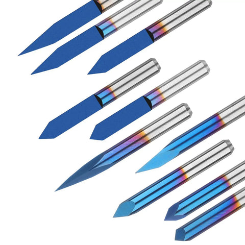 Badass Precision 10 Piece CNC Router Bit Set With 1/8 Inch Shank and Hella Durable Nano Coated V Groove Cutters close up view