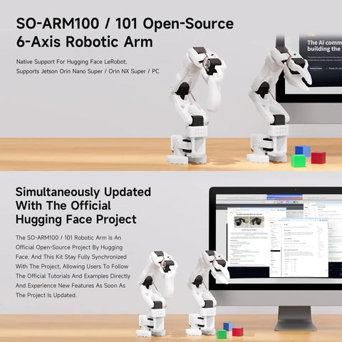 Open Source 6 Axis Robotic Arm Kit For DIY Geeks With Native Hugging Face LeRobot Support High Torque Bus Servo Photosensitive Resin 3D Printed Parts No 3D Printed Parts Included, white 6-axis arm on desk with monitor