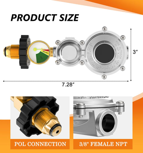 Two stage propane regulator for RV and outdoor appliances with POL connection and 3/8 Female NPT outlet, size 3x7.28 inches.