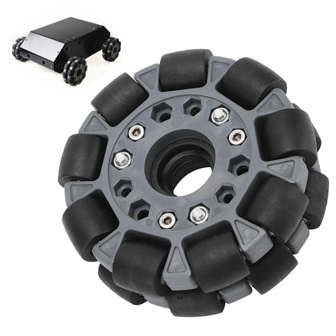 100mm omni wheels for robots with 360° movement, black and grey design, used in robot race vehicles and DIY rovers for precise control.
