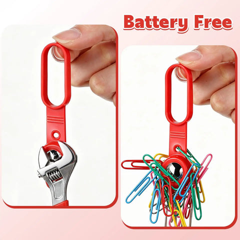 Battery Free Wall Scanner showing magnetic grip with a wrench and colorful paper clips, showcasing its heavy duty design.