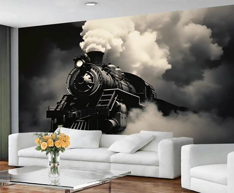 Massive Vintage Steam Train Mural For Living Room Or Bedroom Wall Decor with retro locomotive, rich detailing, silk cloth, large size