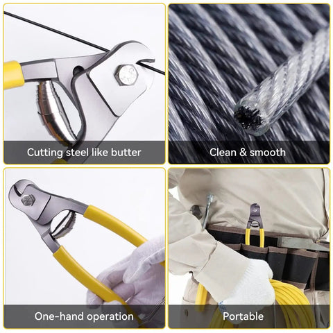 One Eighth Inch T316 Stainless Steel Deck Railing Cable 7 By 7 Braided Wire Roll 1000 Ft with cutter in use and details