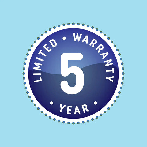 Blue badge with 'Limited 5 Year Warranty' text for Ultra Bright Outdoor Flood Light Bulb, Warm White 3000K, Wet Rated.