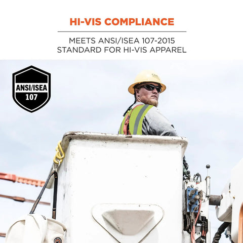 Worker in cherry picker wearing GloWear 8262FRZ Flame Resistant Hi Vis Safety Vest With Reflective Strips Solid Front Mesh Back
