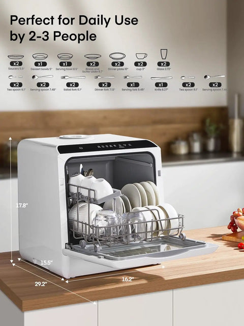 Sleek Countertop Dishwasher With Smart Delay Timer And Space Saving Design For Modern Home Kitchens, compact design with dishes loaded.