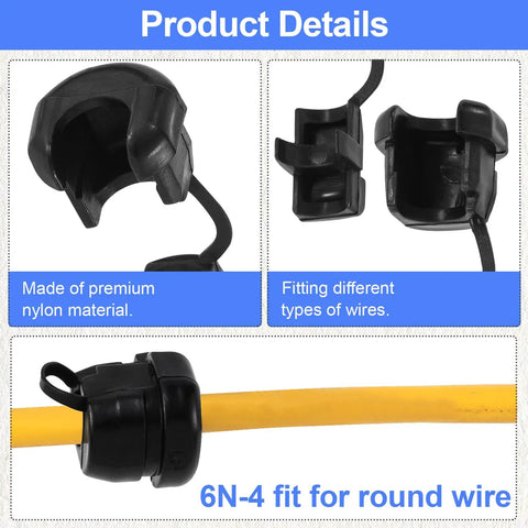 Heavy Duty Black Nylon Strain Relief Cord Connectors 6N 4 Model Fits Point Three Inch Round Wire with various fittings.
