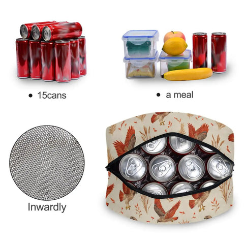 Insulated Lunch Tote Bag With 7 Liter Capacity holding cans and meal, Red Tailed Hawks theme, showing aluminum foil liner