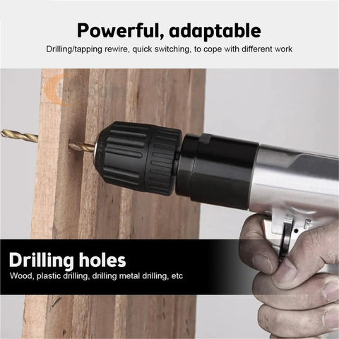 Beast 3/8 Inch Pistol Grip Pneumatic Drill with 1/4 NPT Connection and 1800 RPM Speed close-up on drilling into wood.