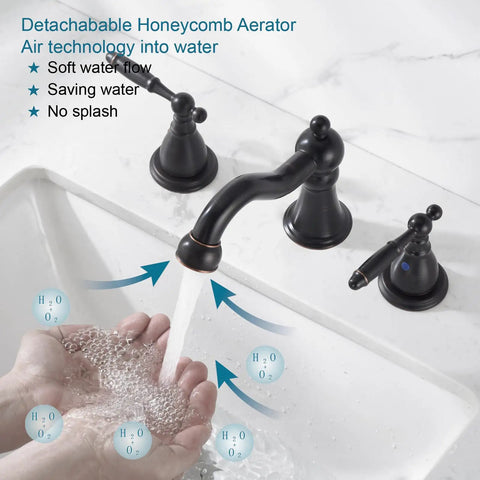 Slick Oil Rubbed Bronze 8 Inch Widespread Bathroom Sink Faucet With Drain, Double Lever Handle, water flow demonstration
