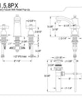 Technical drawing of Victorian Widespread Bathroom Faucet In Polished Chrome With 8 To 16 Inch Spread Solid Brass And ABS Construction