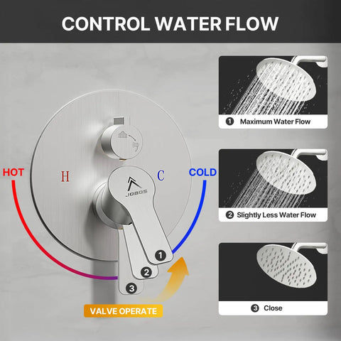 Control water flow dial for 8 Inch Brushed Nickel Shower Faucet Trim Kit With Air Blended Pressure Rain Head And Handheld Sprayer.