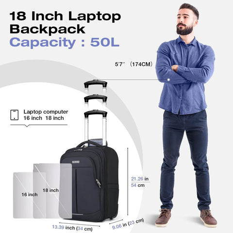 durable rolling backpack carry-on with 50L capacity and 18 inch laptop compartment