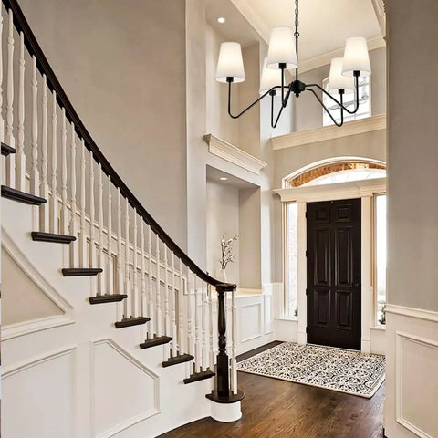 Dope Modern 5 Arm Pendant Chandelier For Dining Room With White Fabric Shades Matte Black Finish in elegant hallway