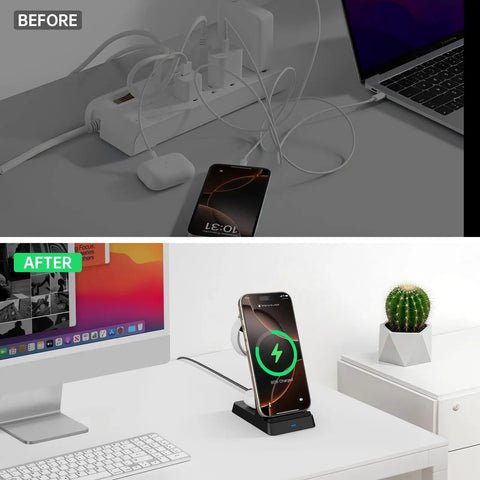 Comparison of cluttered charging setup versus 3 In 1 Fast Wireless Charging Station For iPhone 17 16e 16 15 14 13 12 11 X Pro Max Apple Watch And AirPods Pro 4 3 2 Compact Desk Or Nightstand Charging Hub.