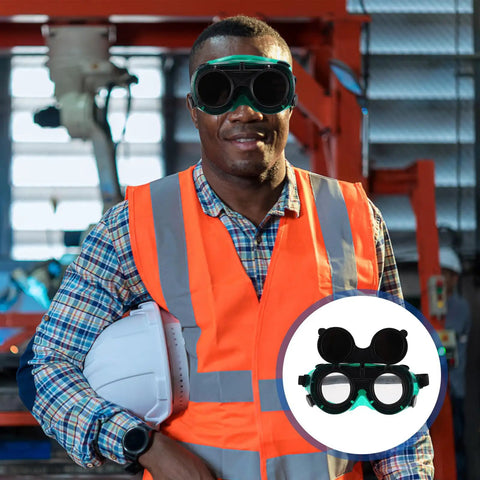 Kick Ass Flip Up Welding Goggles Heavy Duty Safety Glasses worn by a worker, featuring rugged design and flip-up lenses.