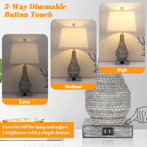 Two Rustic Vase Table Lamps For Bedroom And Living Room, Touch Activated Bedside Lamps with dimmable settings displayed