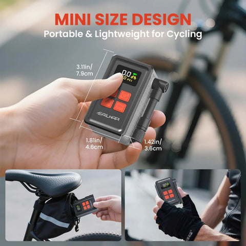 Mini Bike Tire Pump With 150 PSI Fast Inflation And Auto Stop Gauge Presta And Schrader Valve On The Go Electric Air Pump fits in hand