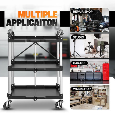 Heavy Duty 3 Tier Folding Utility Cart with Locking Wheels in garage, workshop, studio, repair shop setup