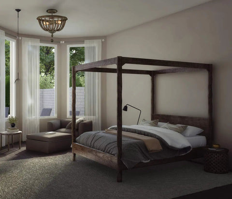 Modern Farmhouse Semi Flush Mount Ceiling Light With Wood Bead Shade Open Bowl Frame in bedroom setting