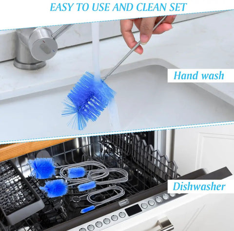 Flexible Drain Snake Kit, 3 Piece Stainless Steel Pipe Cleaners With Multiple Brush Heads being hand washed with blue brush.