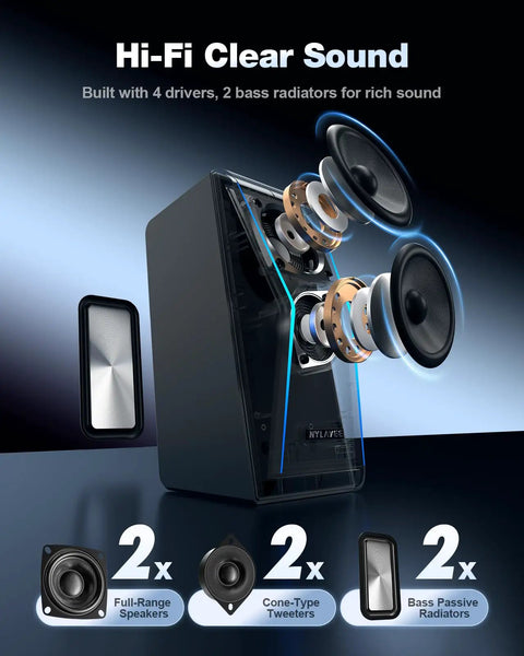 Exploded view of Dope Hi Fi PC Speakers With Bluetooth 5.0 And 3.5mm AUX Input, showing components and audio features.
