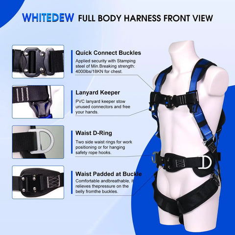 Heavy Duty Full Body Fall Protection Safety Harness With Shock Absorbing Lanyard And Super Comfy Ventilated Mesh Padding For No Sweat Daily Grind Plus Four Quick Release Buckles Blue front view showing quick connect buckles and D-ring.