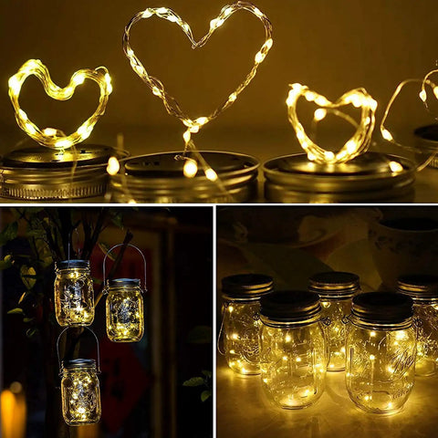 Heart-shaped lights on solar mason jar lid lights 12 pack with 30 LEDs for outdoor use fairy in a jar style string lights.