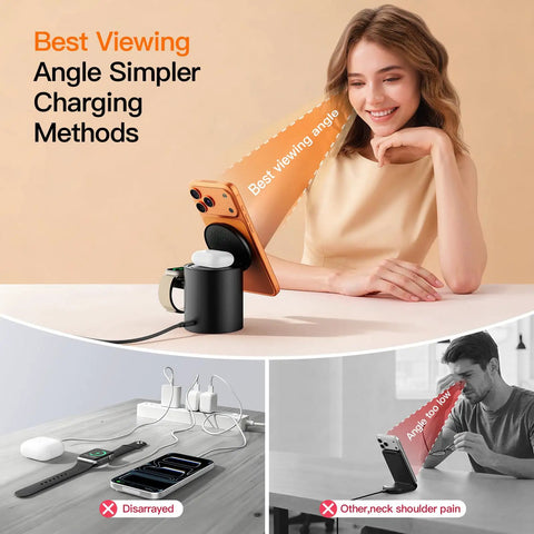 Foldable 3 In 1 Wireless Charging Station With MagSafe Stand For iPhone 12 Through 16 Series AirPods Pro And Watch Ultra Series Fast Magnetic Wireless Charger Dock Black Desk Or Nightstand