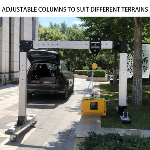 Heavy Duty Portable Gantry Crane With Four Thousand Pound Lift Capacity Adjustable Boom, shown outdoors with adjustable columns.