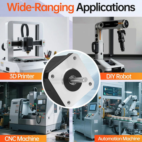 High torque Nema 17 stepper motors for 3D printers, CNC machines, DIY robots, and automation equipment displayed in use.