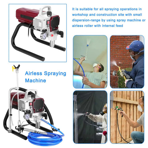 Heavy Duty Slick Airless Paint Sprayer With 1800W Motor And Stainless Steel Stand shown in use for walls, furniture, fences, and ceilings.