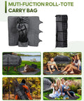 Collage of Oversized Double Camping Chair Padded Loveseat in use with close-up of multi-function roll-tote carry bag.