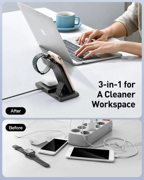 Travel Ready 3 In 1 Wireless Fast Charger Station for iPhone, Apple Watch, and AirPods in use with a laptop on a clean desk.