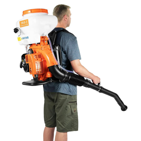 Man wearing Mist Duster Backpack Sprayer 43cc Gas Powered Garden Blower with 14 Liter Tank Compact Chemical Tank System Stable Low Center of Gravity CDI Ignition Recoil Start Workhorse Lawn Care Tool