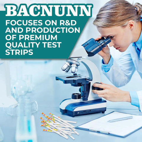 Scientist using microscope with Top Notch pH Test Strips 0 to 14, 200 Count Litmus Paper Kit on the table
