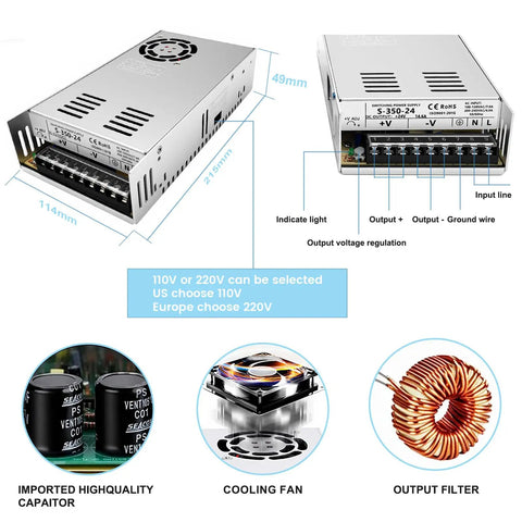 All-In-One 3 Axis Nema 23 Stepper Motor Kit With 1.2Nm Torque showing 350W 24V power supply with specifications details