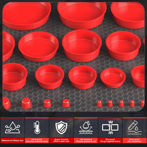 Red 23 Piece Automotive Cap Plugs Kit for Smoke Machine Leak Testing and Pipeline Sealing displayed on a textured surface
