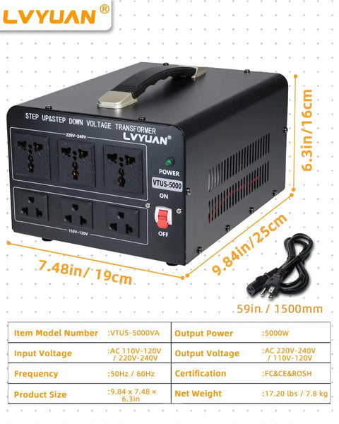5000 Watt Voltage Converter Transformer Heavy Duty Step Up And Down 110V 120V To 220V 240V with outlets and cord