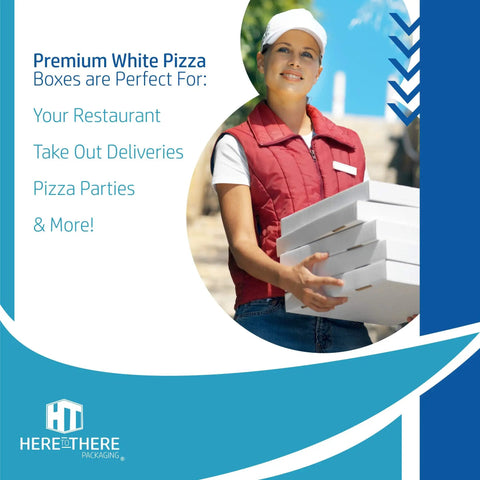 Top Shelf Slick Corrugated Pizza Boxes Built Tough Heavy Duty Takeout Containers in a woman's hands for delivery.