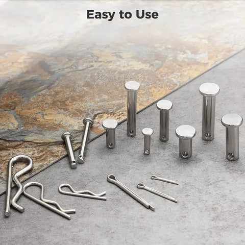 All In One Pro Grade Stainless Steel Fastener Kit 122 Piece Clevis Pins And Cotter Clips Set on a stone surface