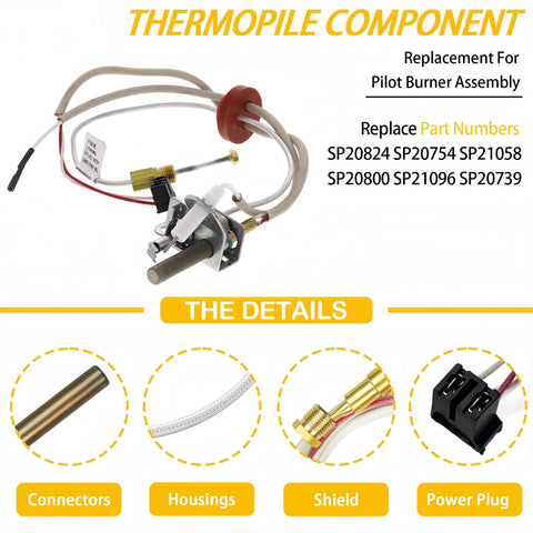 Front view of LP thermopile sensor component with white wires and red grommet for pilot burner assembly