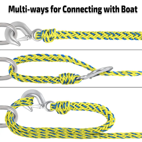 Heavy Duty Boat Tow Harness With 16 Ft Braided Poly Rope And Twin Side Snap Hooks close-up of connection methods for attaching to a boat.