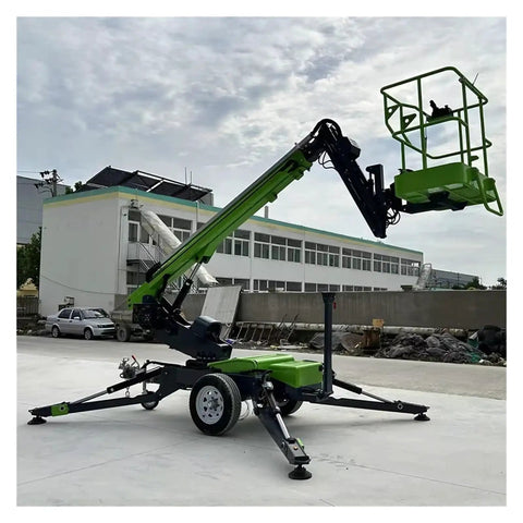 Trailer Mounted Articulating Telescopic Boom Lift Cherry Picker Spider Aerial Work Platform on job site with extended boom.