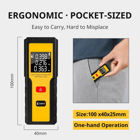 The Slick Pocket Laser Distance Meter Spanning 165 Feet With Dead Nuts Accuracy And Rapid Foot Or Metric Toggle, showing ergonomic design and size in use.