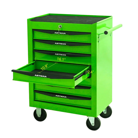 Heavy Duty Freestanding Storage Cabinet With Smooth Rollin Parking Brakes And Ball Bearing Slides For Crazy Convenient Garage Workspace Organization In Sage Green, showing open drawer and dimensions.