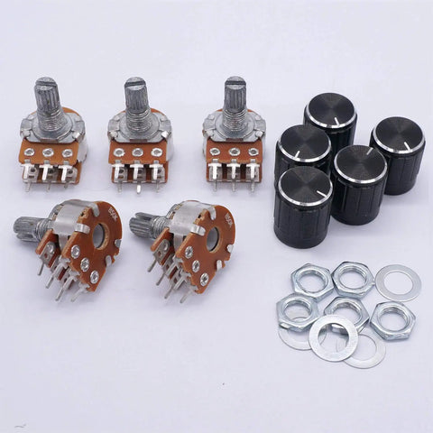 Five Pack 50K Ohm Potentiometers With Six Pin Split Shaft Rotary Linear Type B Potentiometer For Audio Volume Control And Includes Five Knobs For DIY Projects